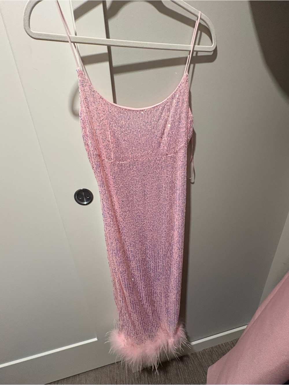 Windsor Pink Sequin Slip with Feather Trim